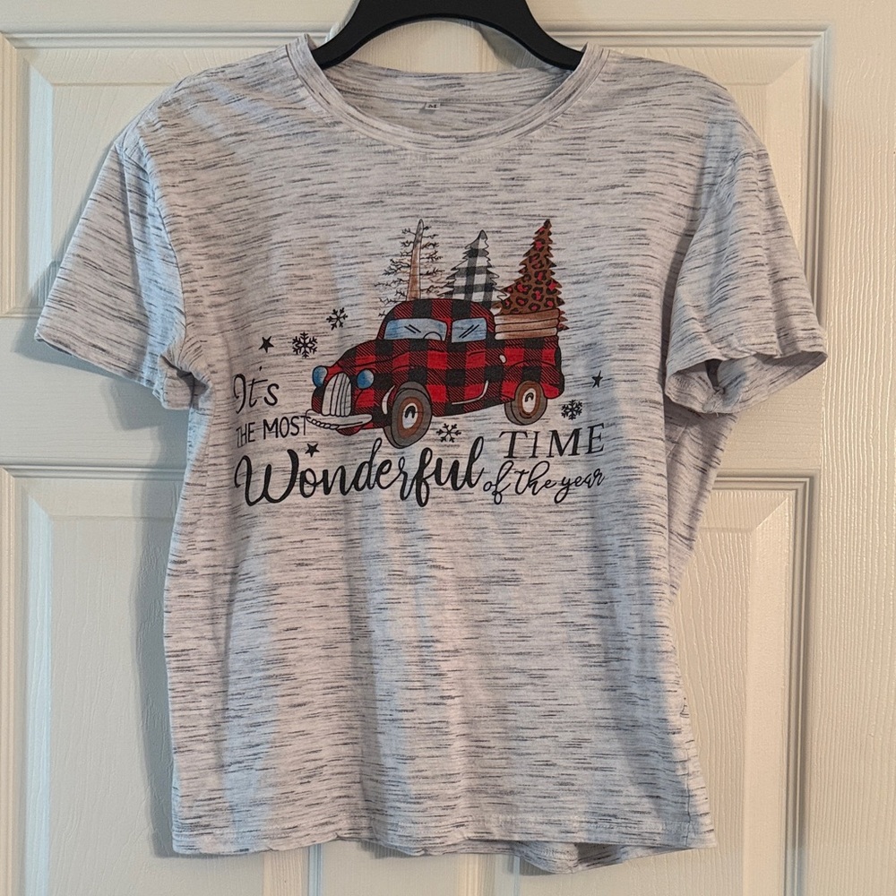 Christmas Graphic Gray T-Shirt with Red Truck Design